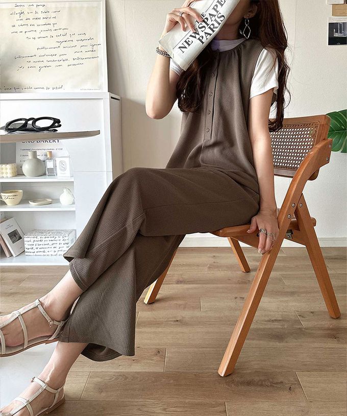 日本 Classical Elf - 亨利領簡約風紋理連身褲-炭灰