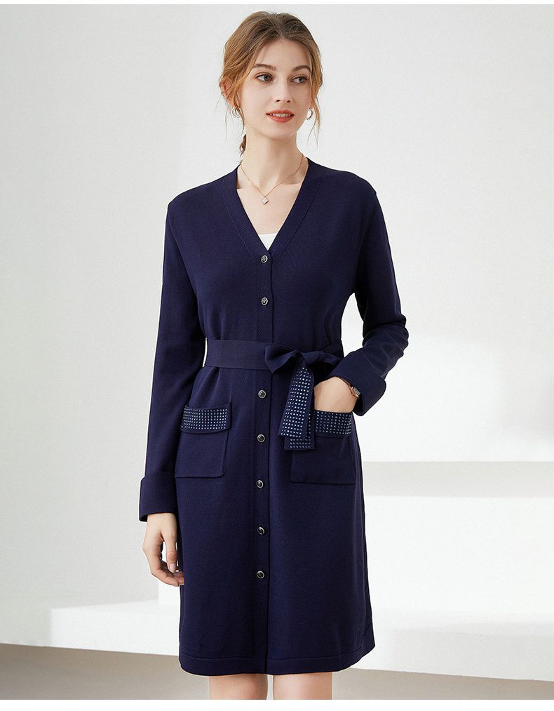 蝴蝶結綁帶針織長袖連身裙-深藍色