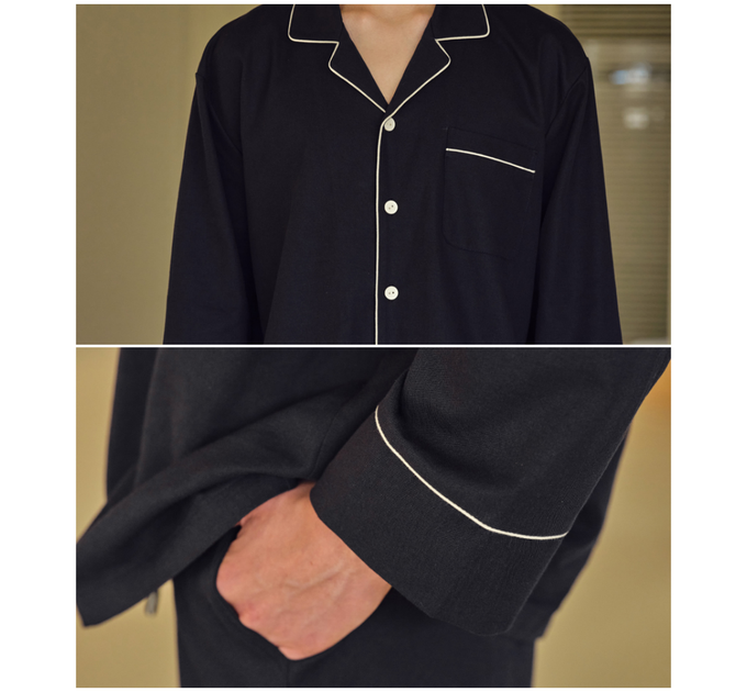 韓國 ULLALA - (情侶款)質感純色長袖睡衣套裝-男款-深藍 (FREE)