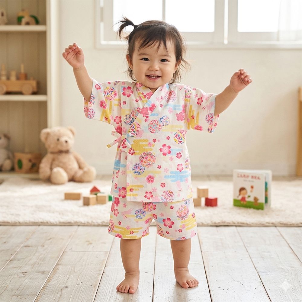 兒童兩件式甚平-兔子鞠球圖案-米白色