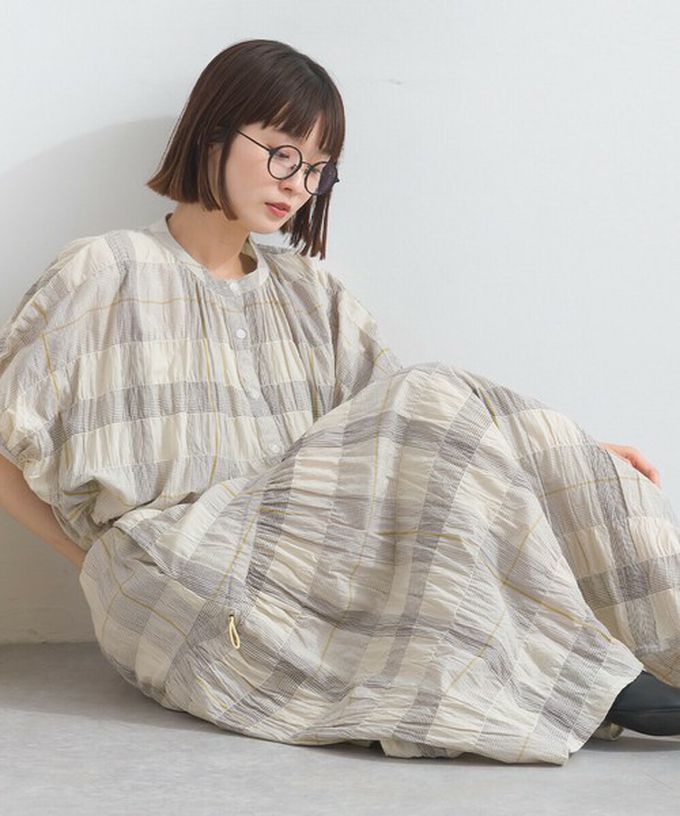 日本 Lupilien - 印度棉 皺皺文青格紋側抽繩長裙-橘