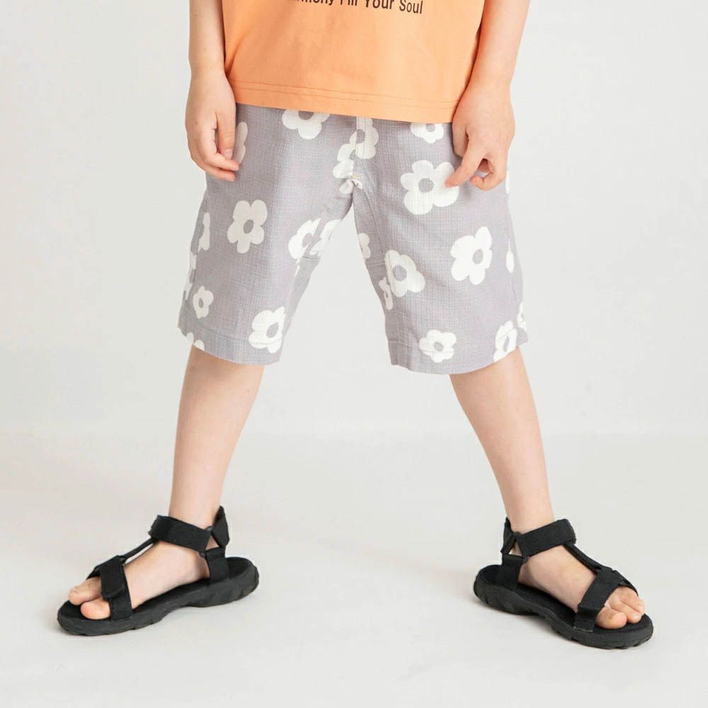 純棉粗織透氣印花短褲-花朵-灰