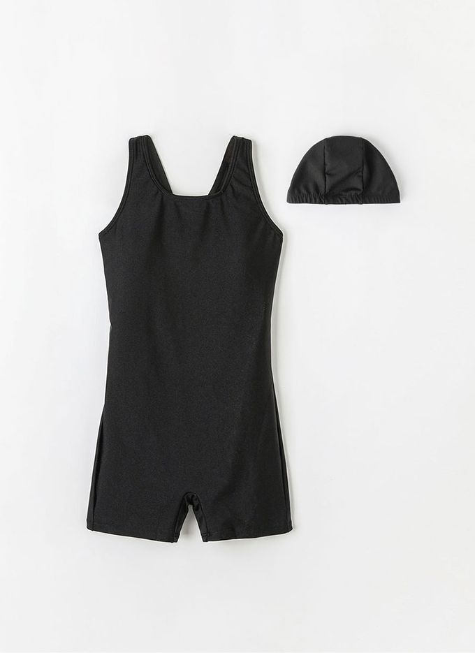 韓國 OZKIZ - 兒童連身泳裝/泳帽Set-黑