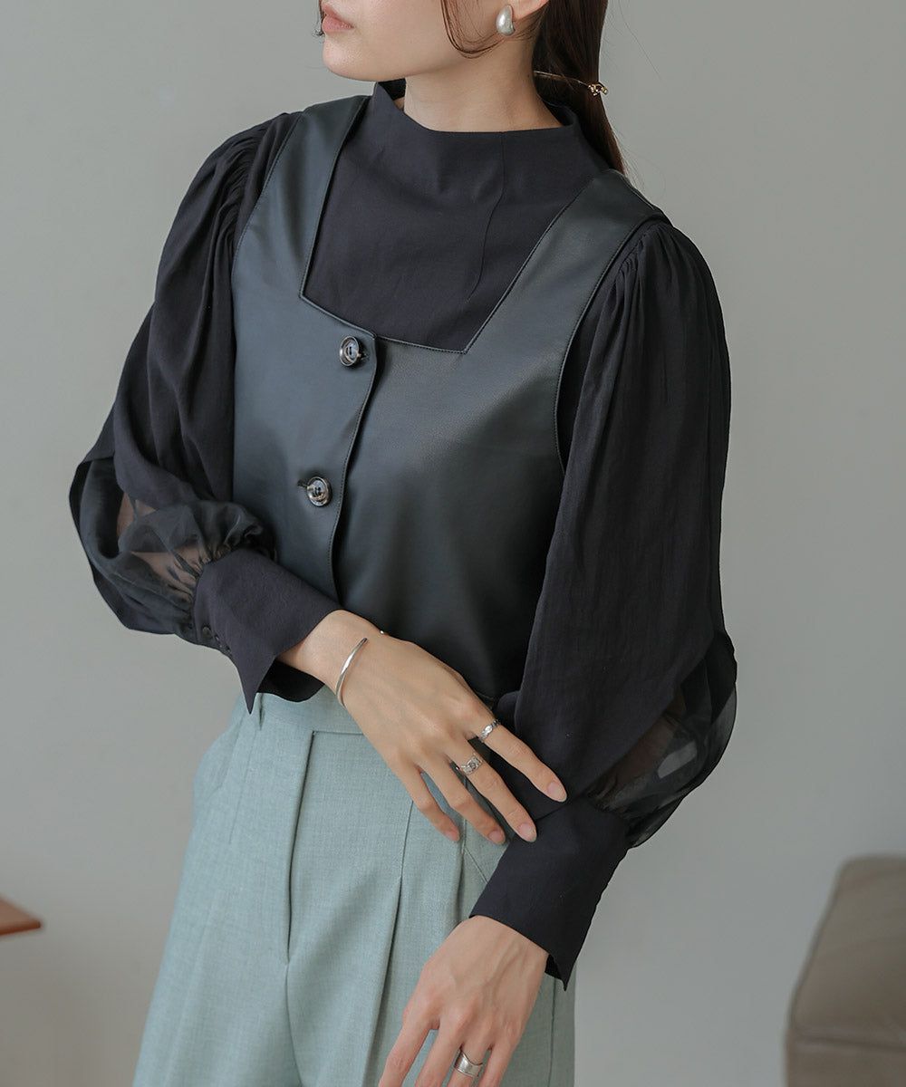 日本 Bab - 柔美紗拼接袖雪紡上衣-深可可