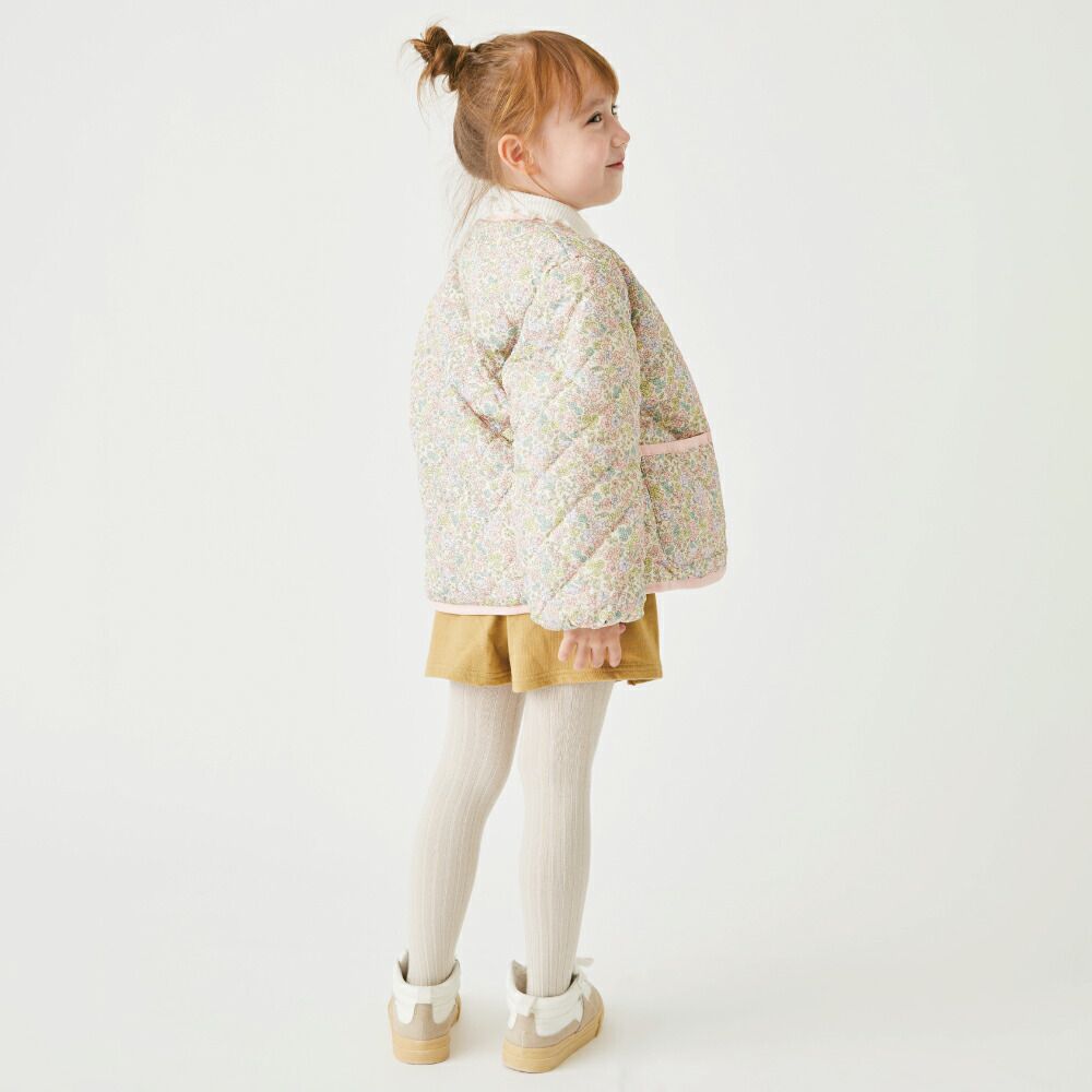 日本 evercloset - 雙面毛絨可愛花保暖外套-深藍x紫系