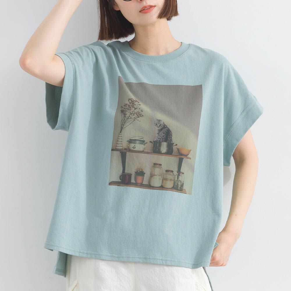 16支天竺棉 療癒印花法式袖上衣-貓咪的房間-薄荷