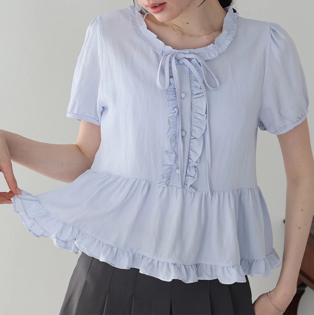 可愛蝴蝶結摺邊傘擺短袖上衣-水藍