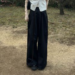 日本 GRL - 明星著用！中線皺摺修身寬褲-黑