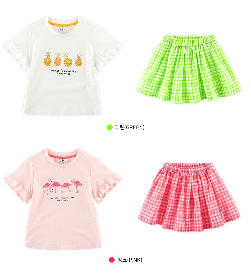 韓國 WALTON kids - 紅鶴格子褲裙套裝-粉紅