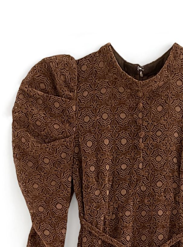 日本 GRL - 歐風印花羊腿袖綁帶洋裝-深可可