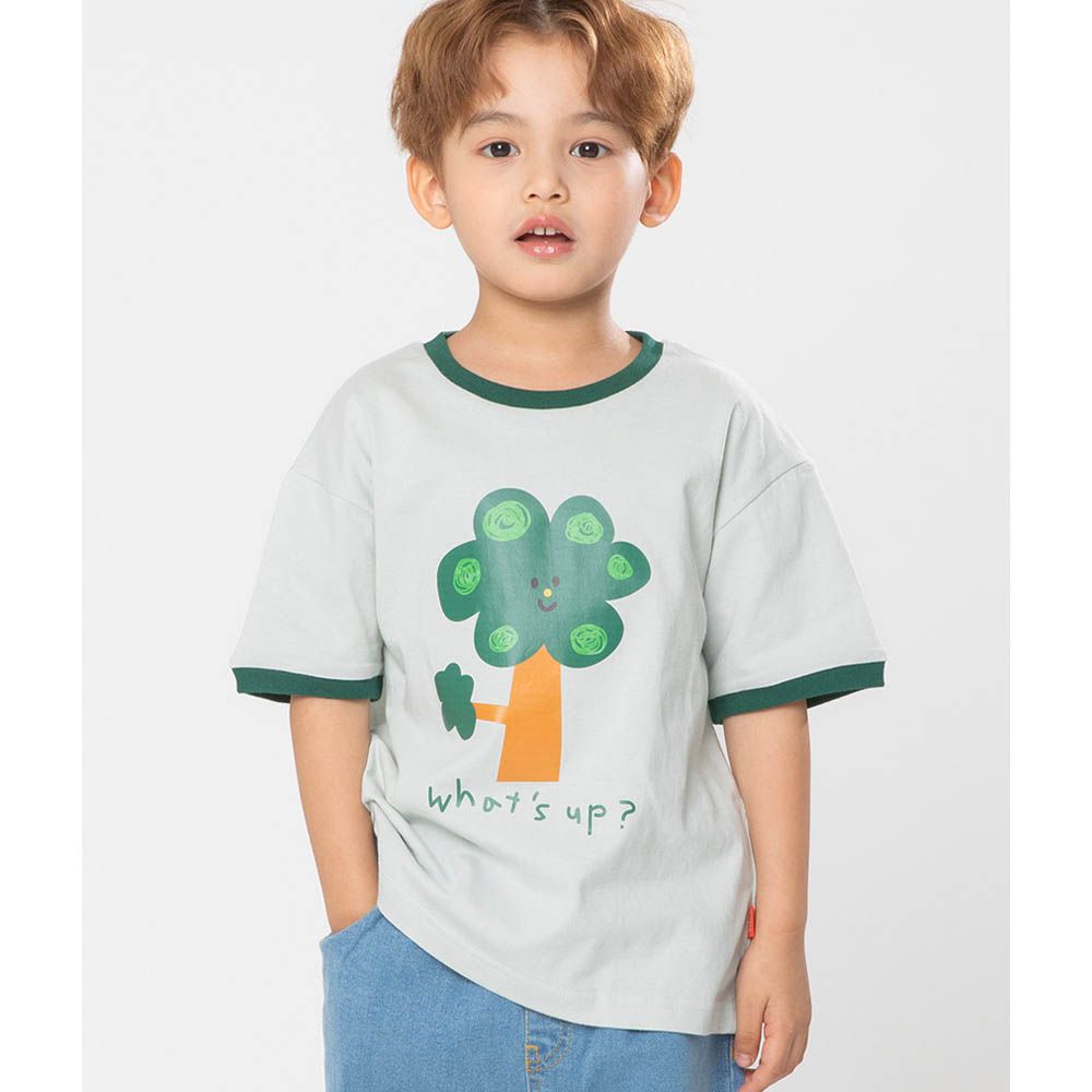 可愛印花純棉短袖上衣-樹木-綠