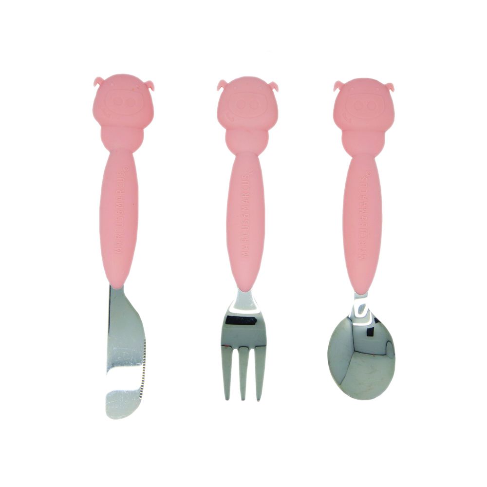 動物樂園不鏽鋼刀叉匙三件組-粉紅豬(粉)