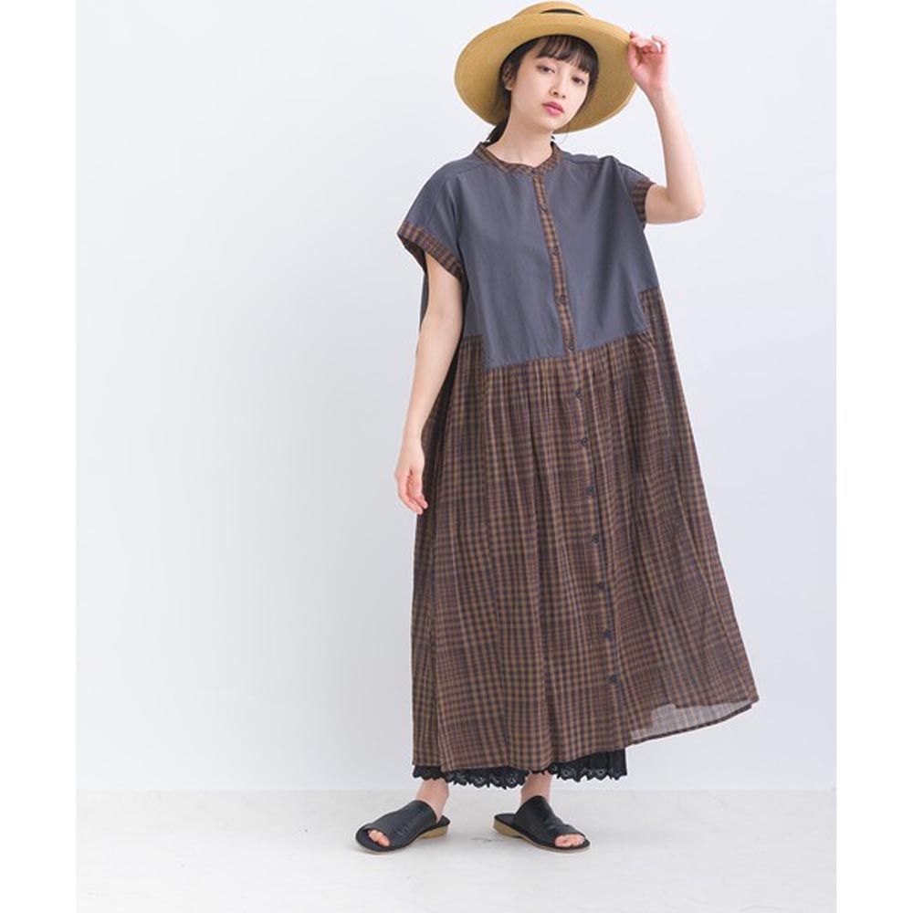 日本 Lupilien - 柔軟手感純棉排扣洋裝-格紋-深藍棕