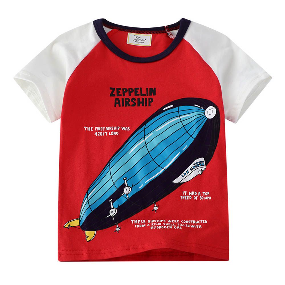 棉質圓領短袖上衣-飛行船-拼色紅