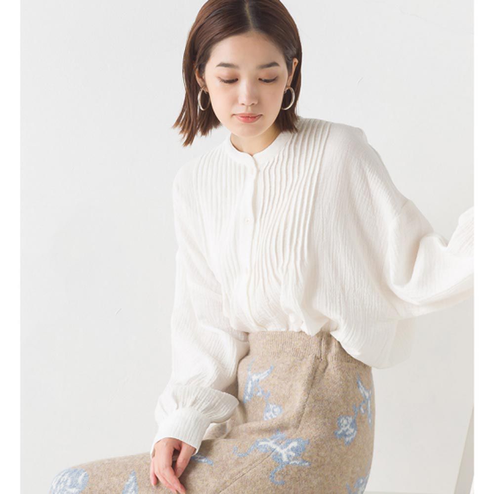 日本 OMNES - 二重紗氣質細摺長袖襯衫-白色