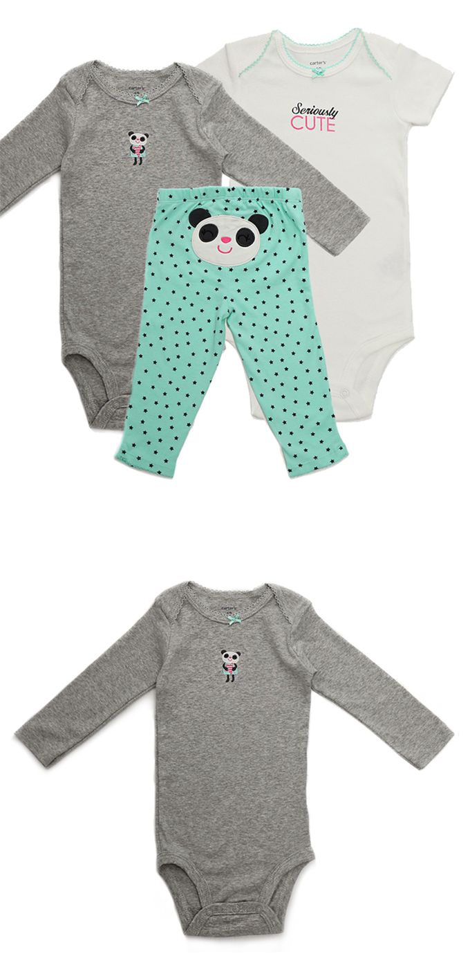 美國 Carter's - 貓熊短袖+長袖包屁衣+長褲3件組