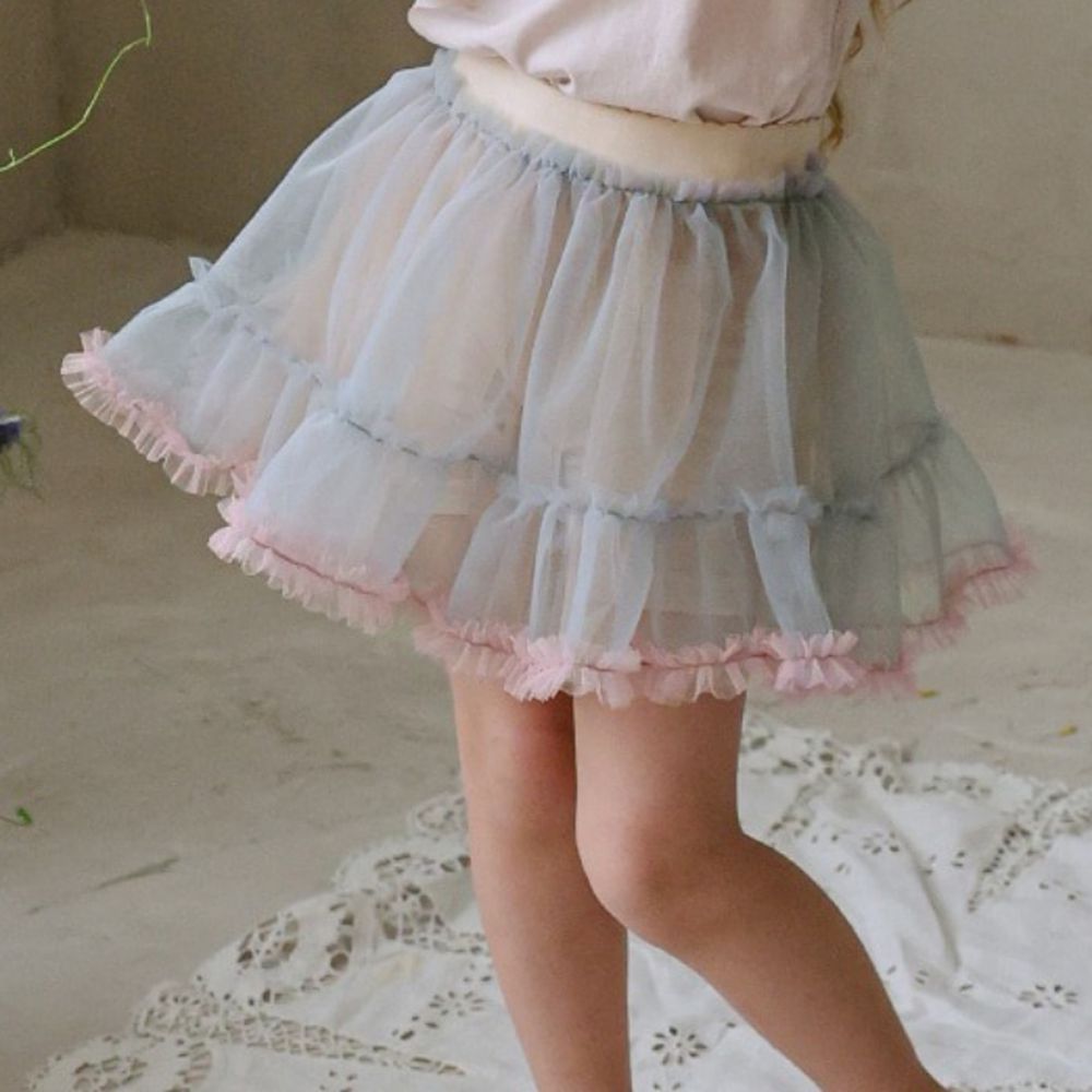 Puellaflo 鬆緊腰浪漫拼色內搭褲網紗蓬裙-藍X粉X杏