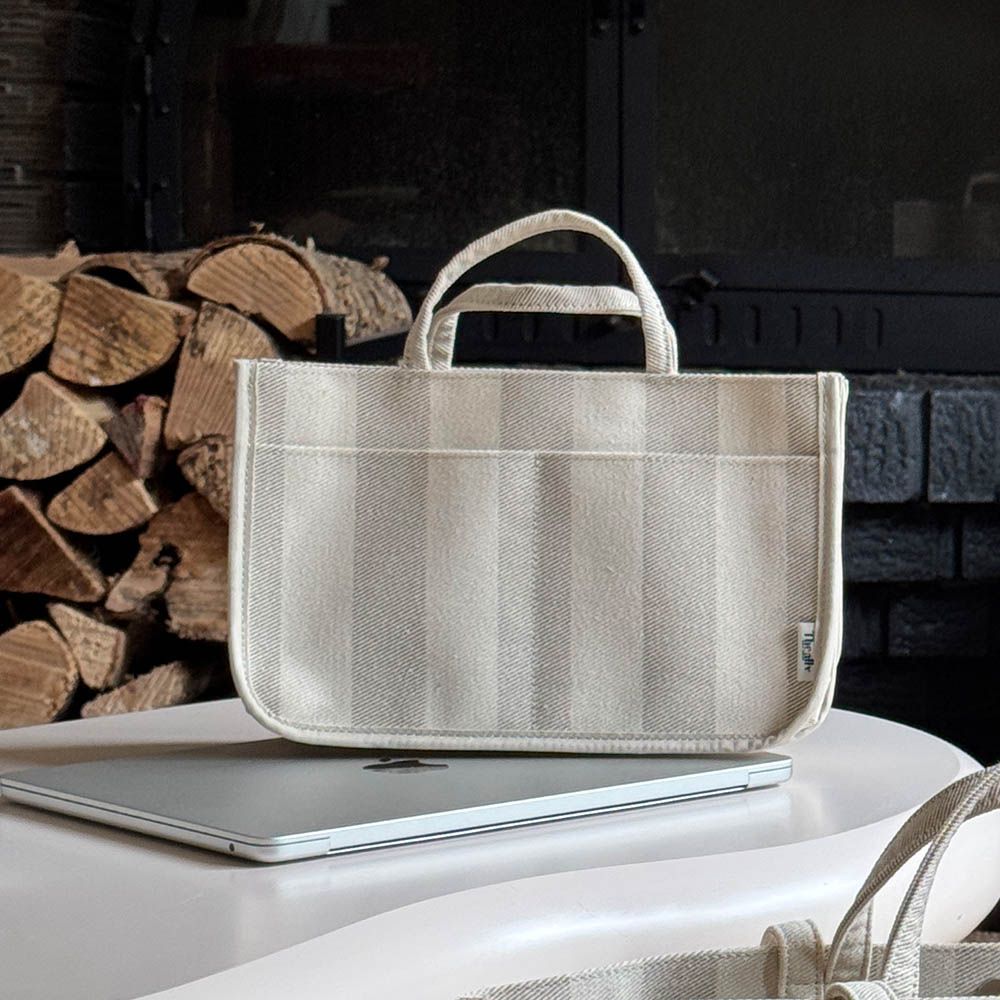 多用途手提內夾層帆布包-直條紋-卡其