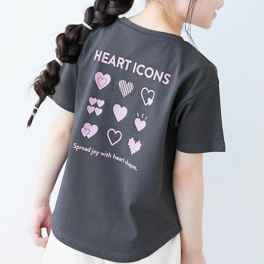 接觸涼感 女孩印花短袖上衣-背後愛心-黑