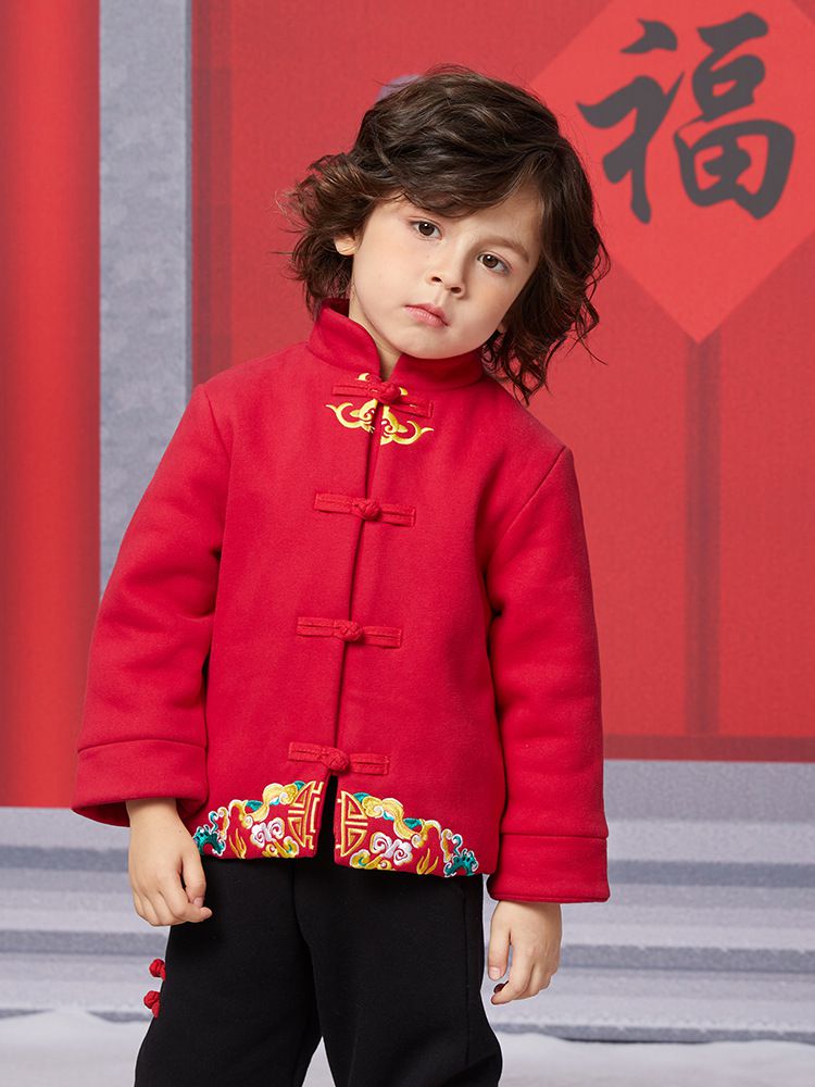 漢服風喜氣拜年立領盤釦外套-福氣祥雲-紅色