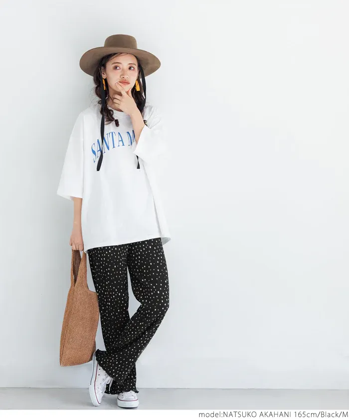 日本 COCA - 皺縮垂墜感休閒寬褲-大人-點點杏