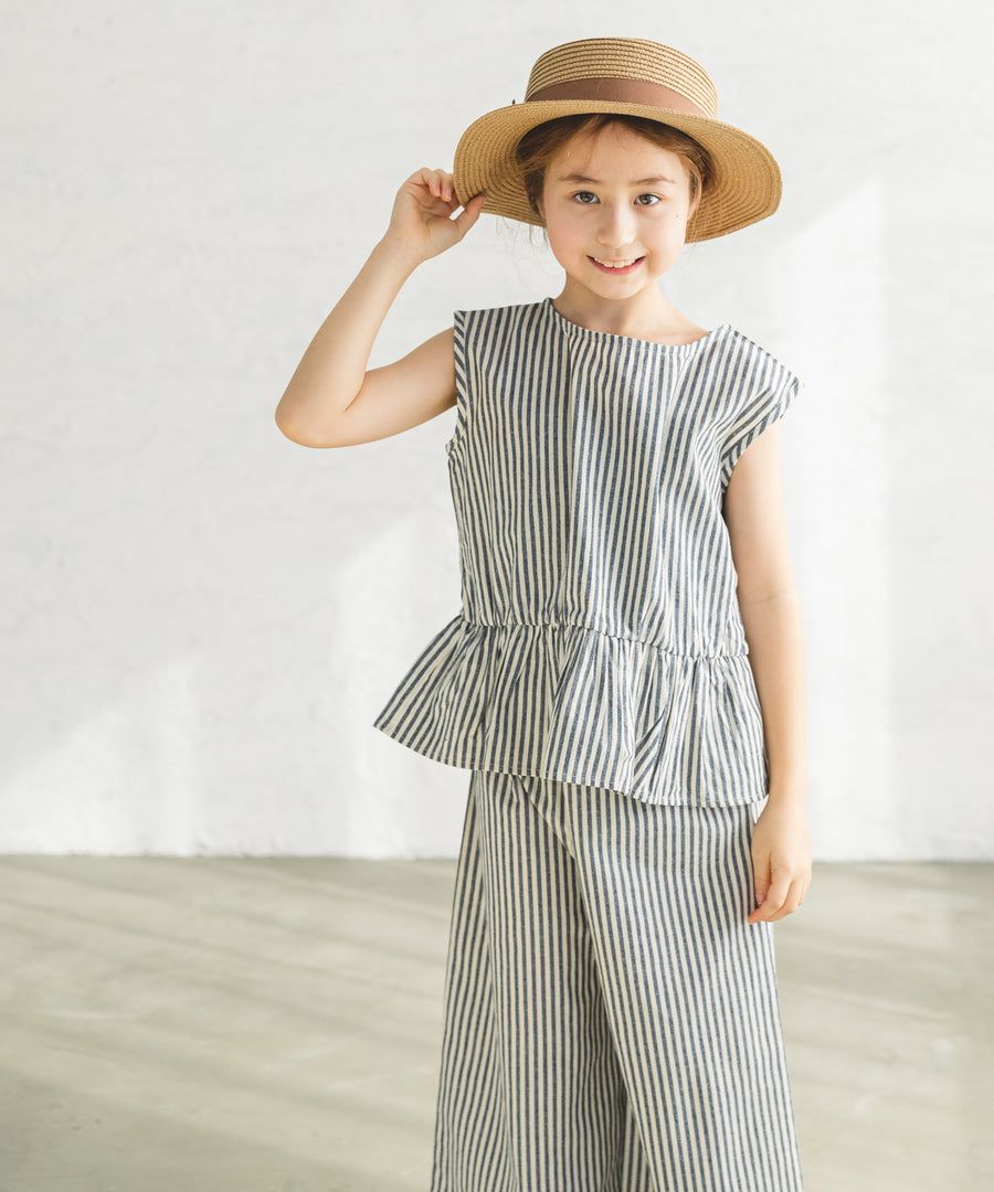 日本 PAIRMANON - 法式復古荷葉衣襬無袖上衣X寬褲兩件組-直條紋-杏