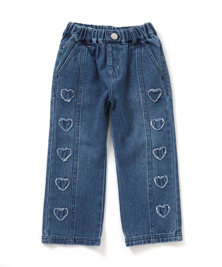 日本 BREEZE - 心形刺繡牛仔廓形長褲-海軍藍
