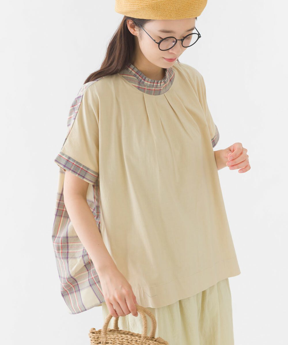 日本女裝代購 - 100%印度棉格紋拼接短袖上衣-深藍