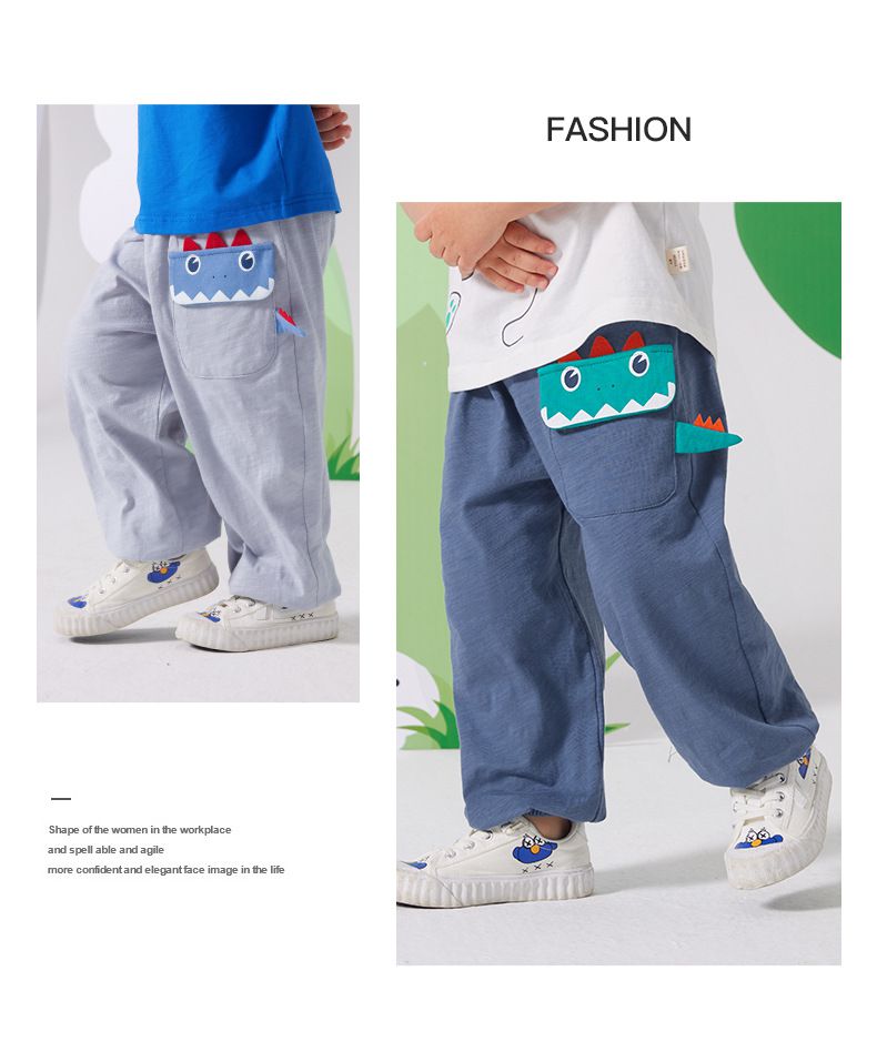 純棉立體圖樣束口長褲/防蚊褲-調皮恐龍-藍灰色