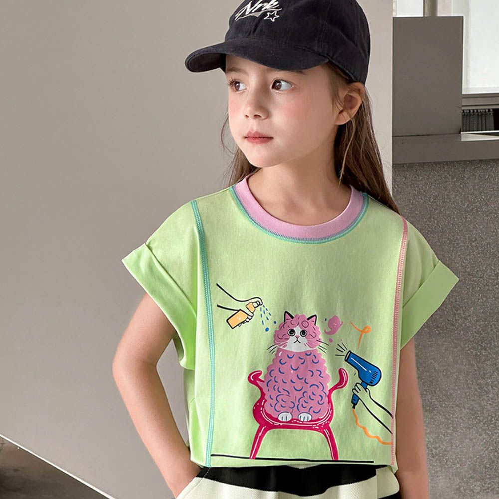 涼感撞色休閒法式袖上衣-童趣塗鴉-綠色