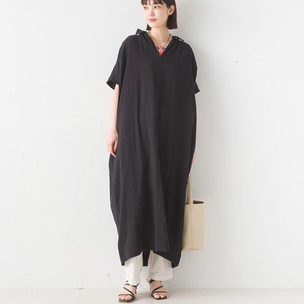 日本 OMNES - 100%印度棉 二重紗V領短袖洋裝-黑