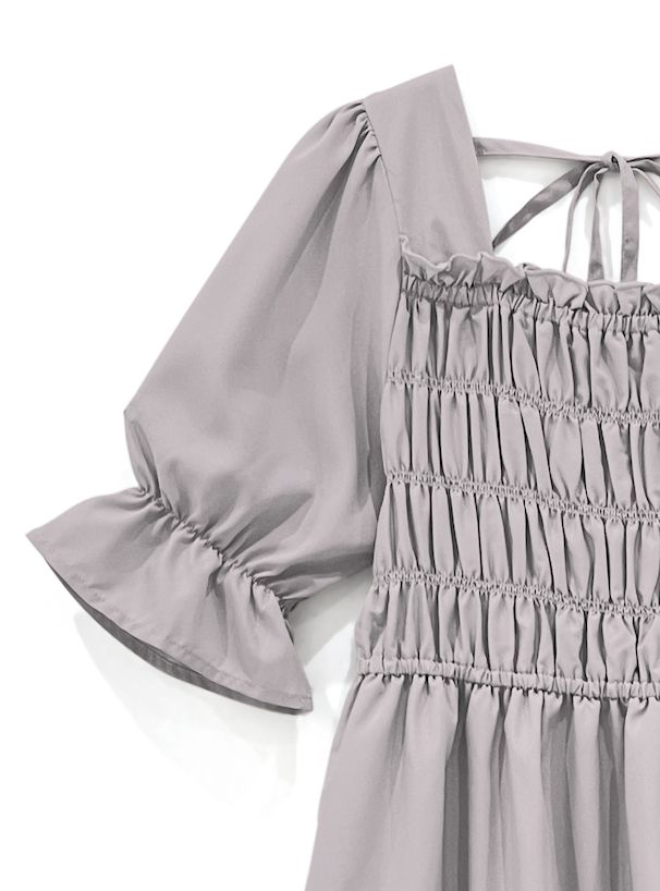 日本 GRL - 法式優雅方領抓皺短袖洋裝-古典黑