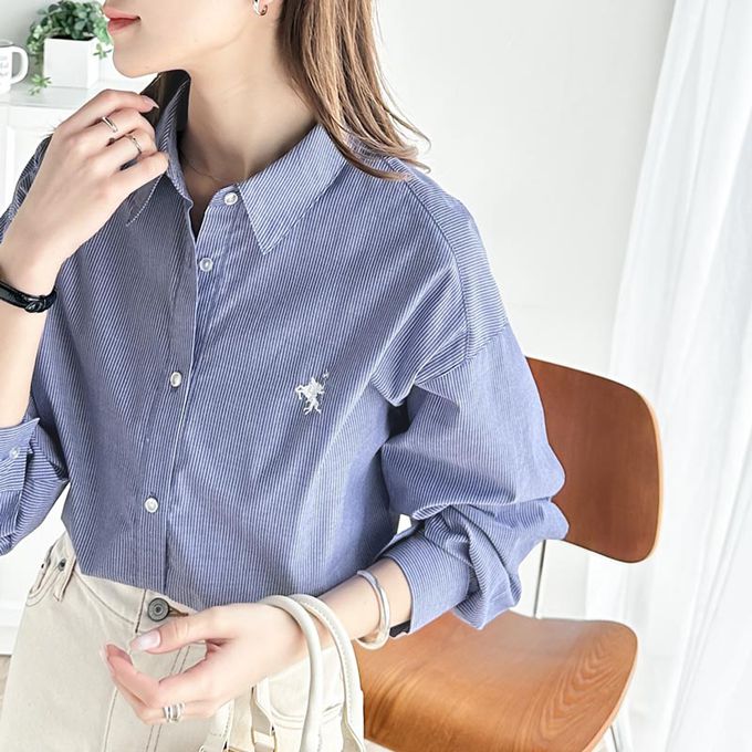 日本 Classical Elf - 前短後長知性寬版長袖襯衫-logo刺繡-藍白條紋