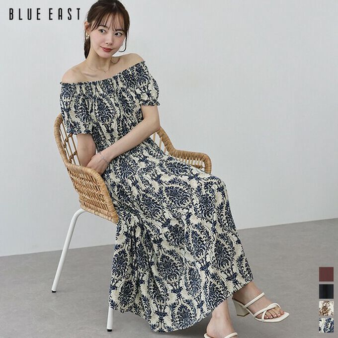 日本 BLUE EAST - 一字領2way露肩迷人短袖洋裝-歐風花卉-海軍藍