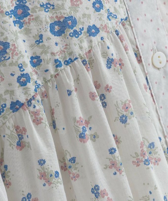 日本 Lupilien - 純棉巴里紗花朵拼布襯衫式洋裝-藍白