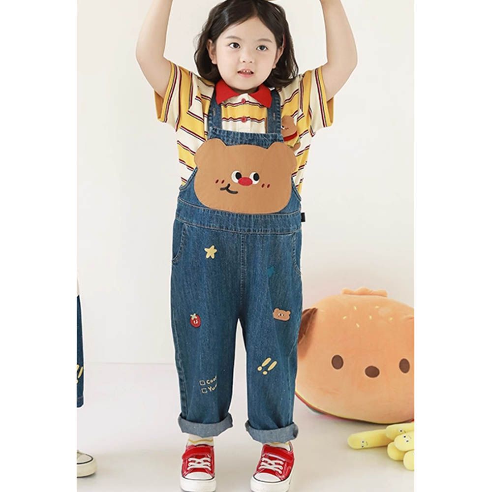俏皮連身牛仔長褲-小熊貼布繡-藍色