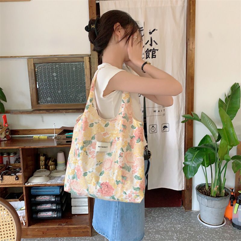 碎花休閒布袋/單肩包-牡丹花-粉色 (41x31+24cm)