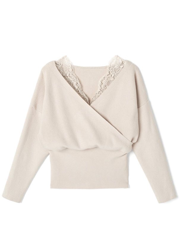 日本 GRL - 蕾絲V領縮腰針織上衣-可可棕