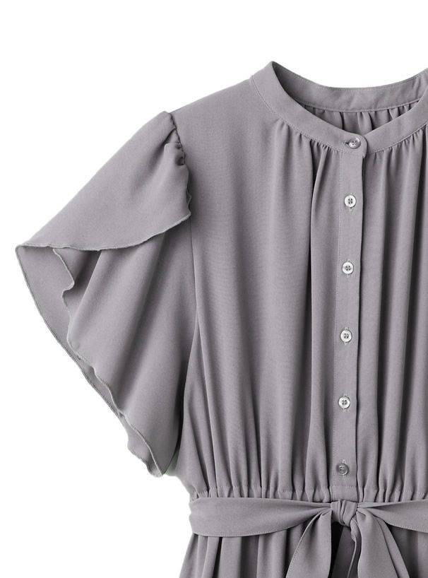 日本 GRL - 柔美綁帶花朵袖雪紡洋裝-冰河灰