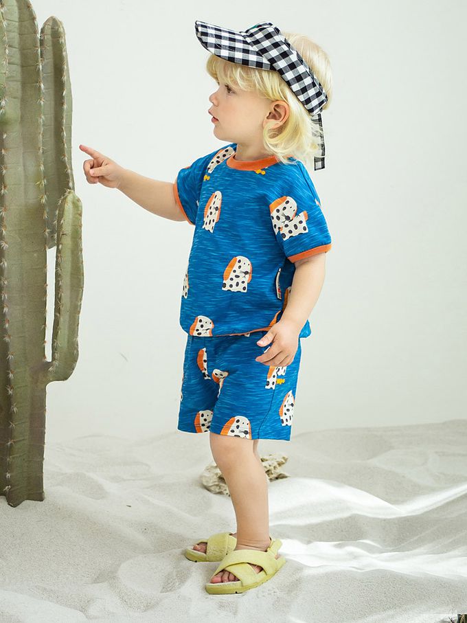 韓國 Pimpollo - 長耳斑點狗狗印短袖套裝-藍X磚紅