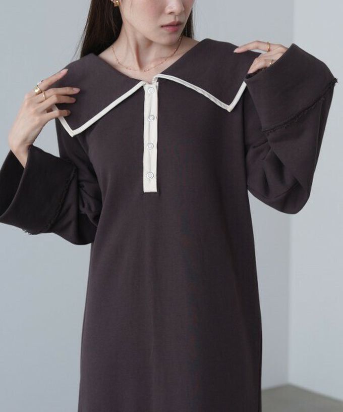 日本 Bab - 滾邊個性大翻領休閒長袖洋裝-象牙