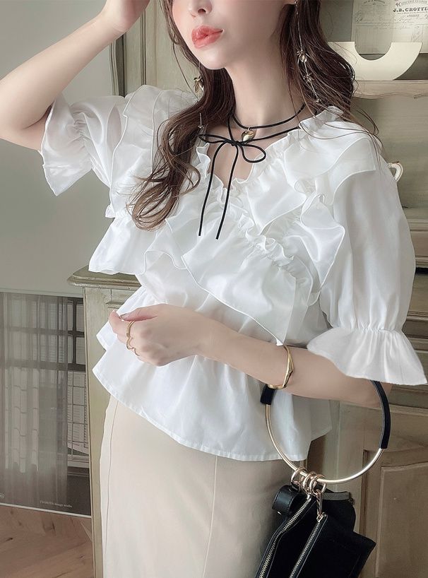 日本 GRL - 華麗荷葉邊層次短袖上衣-白 (F)