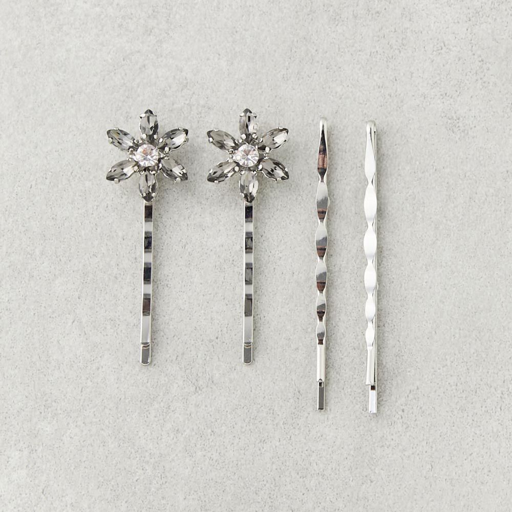 日本 Lattice - 水鑽花朵金屬線夾4件組-銀