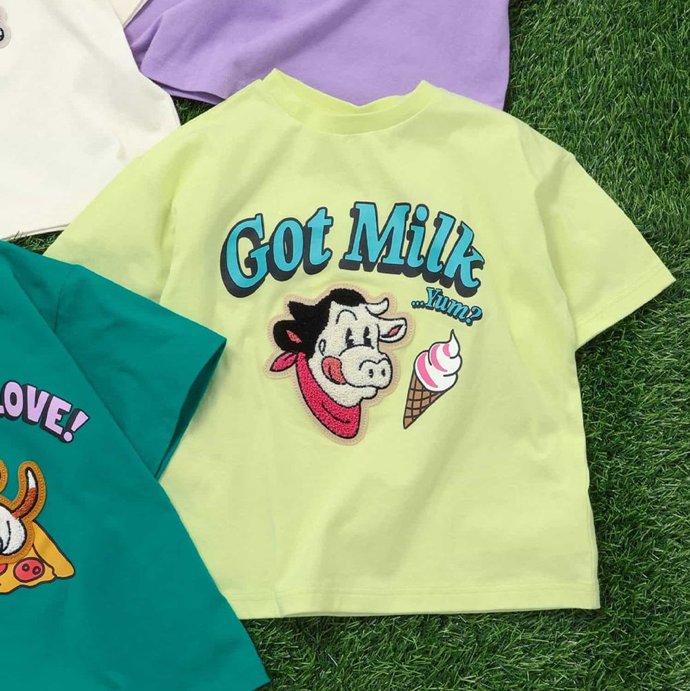 美式動物相良刺繡短袖上衣-冰淇淋乳牛-萊姆綠