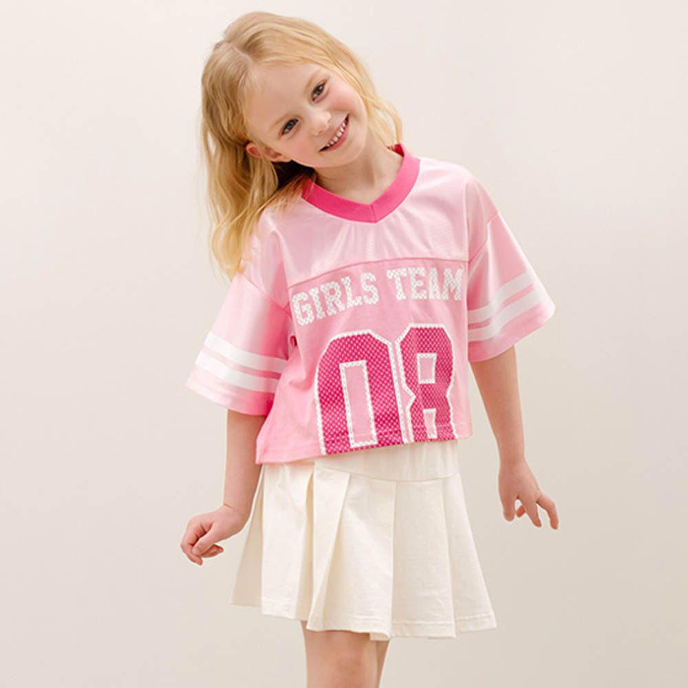 光澤運動風V領短袖上衣X百褶裙套裝-粉X白