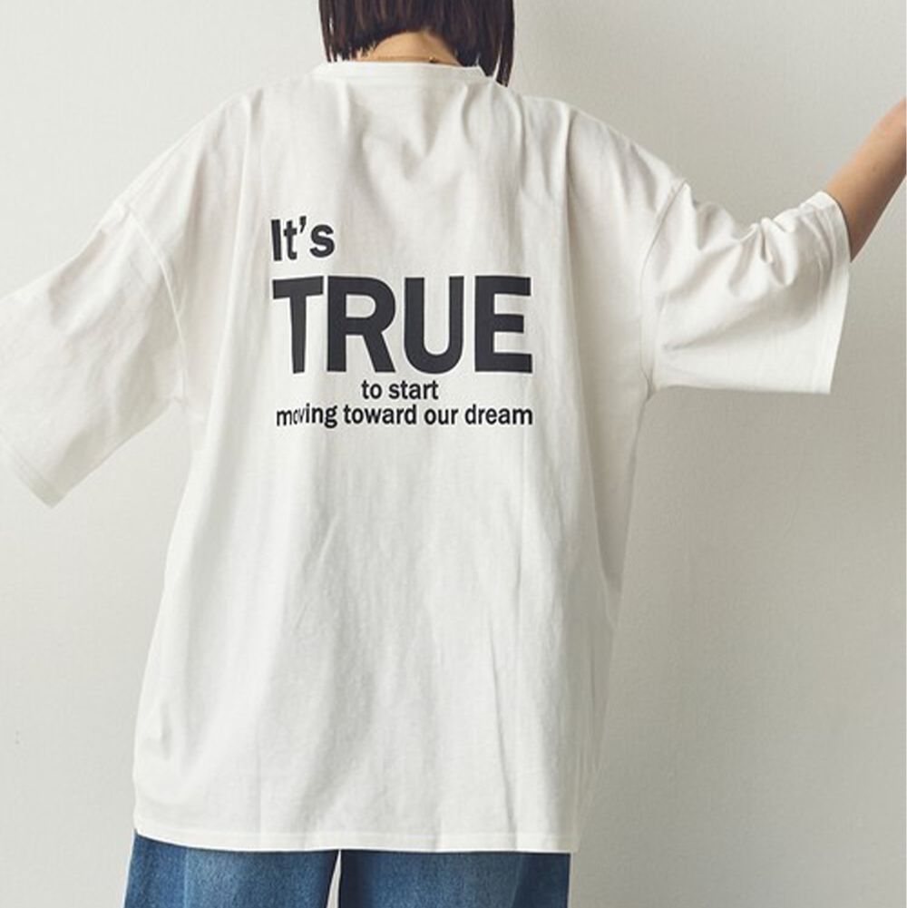 100%棉 BIG長版背後標語五分袖上衣-白