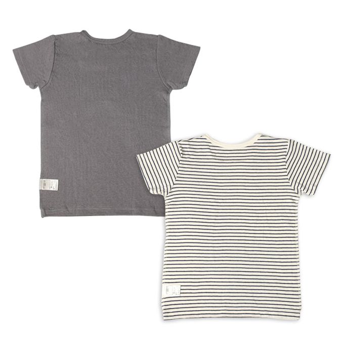 akachan honpo - 短袖圓領上衣2件組蓬鬆棉-警車&橫紋-灰色