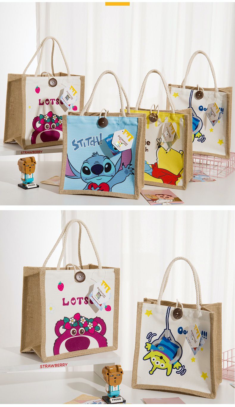 卡通大容量棉麻手提袋/便當袋-卡通人物史迪奇 (24x24x15cm)