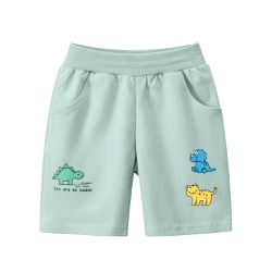 27KIDS - 純棉腰鬆緊五分褲-萌萌恐龍動物-清新綠