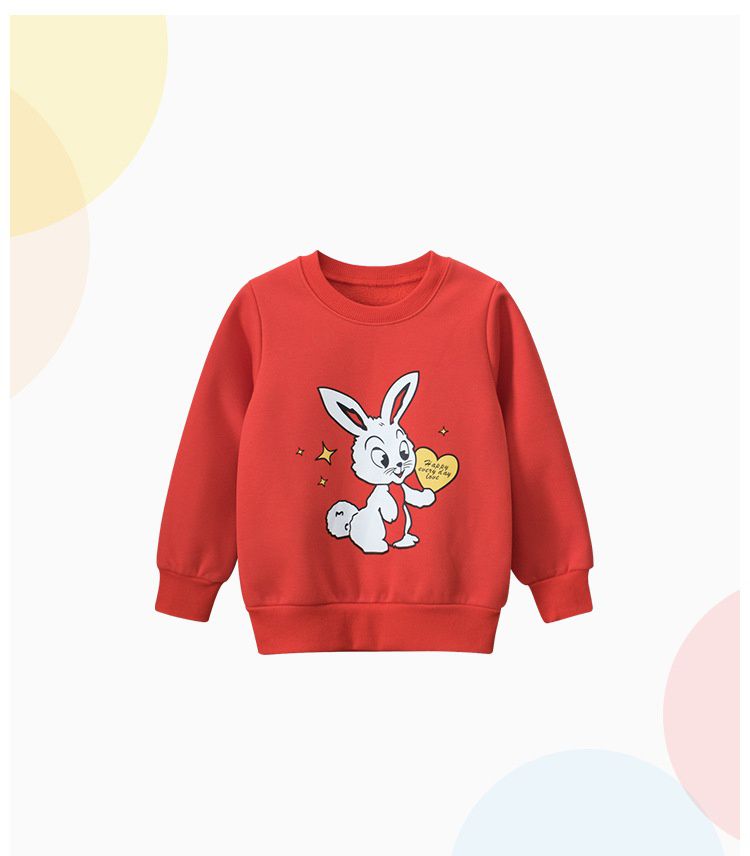 加絨圓領長袖上衣/大學T-愛心兔子-紅色